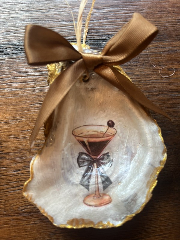 Handcrafted 3D Decoupaged Oyster Shell Christmas espresso martini Ornament