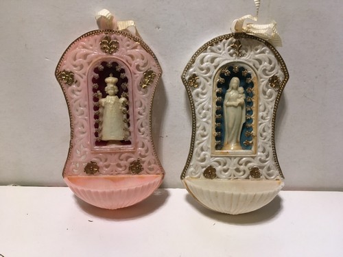 2x Holy Water Wall Stoup Madonna with Child 5.5” Pink White Plastic Celluloid