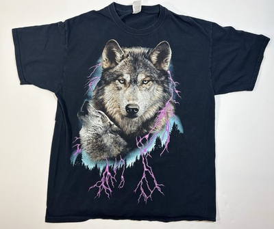 #ad #ad Vintage Wolf Lightening Shirt Men’s Large Black Purple Thunder Wolves Animals $19.99