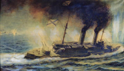 Art Oil painting Naval battle on the sea seascape The sinking warship seascape