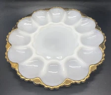 Vintage Anchor Hocking  Milk Glass Deviled Egg Dish Plate Platter Gold Rim (S11)
