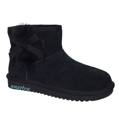 Koolaburra Ugg womens Victoria mini suede fur ankle boots black bow pull on 