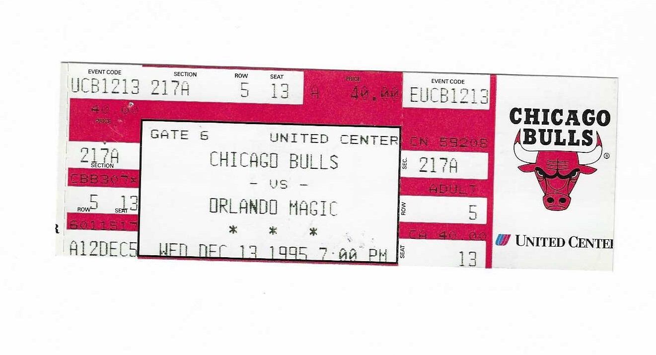 Chicago Bulls vs Orlando Magic Unused Basketball Ticket from 12/13/1995