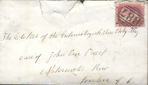 GB : 1866 1d plate 89-F-D- on cover to London-B87 numeral of WEYBRIDGE STATION