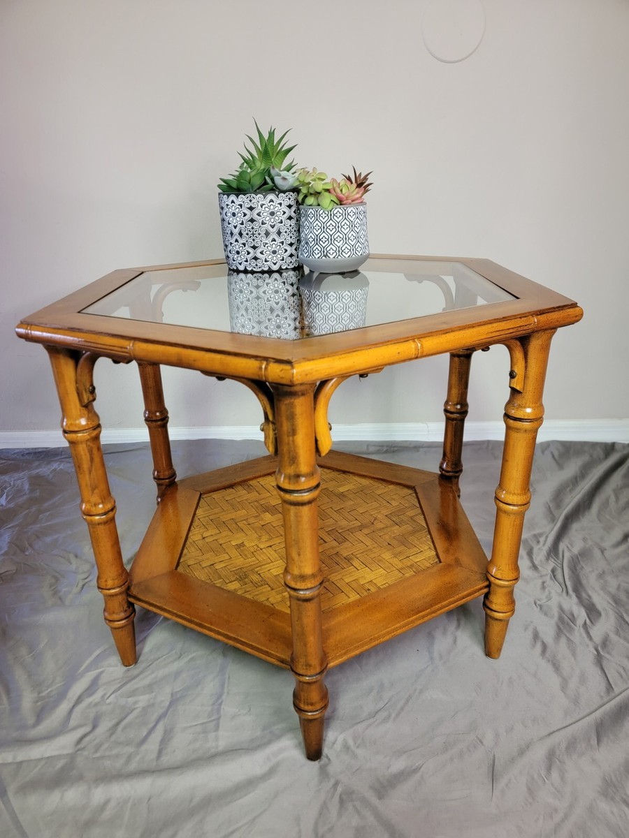 Vintage Mid-Century Hexagonal Coffee/Side Table, Glass-Top, Faux