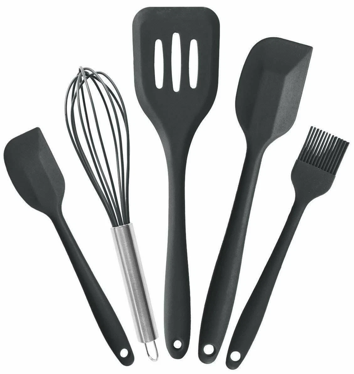 Non-Stick Silicone Cooking Utensils Set of Spatula, Whisk, Brush Spoon, Scraper