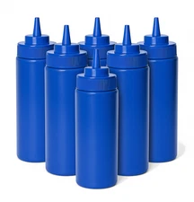 6 Pack Blue 16oz Squeeze Bottles Wide Mouth Condiment Sauce Dressing Dispenser