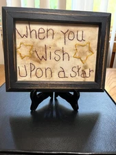 PRIMATIVE FRAMED "WHEN YOU WISH UPON A STAR" CROSS STITCH WALL DECOR 8 1/2 BY 6