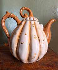 Blue Sky Ceramic Pumpkin Novelty Teapot w/ Lid, Glazed White/Tan, 2014