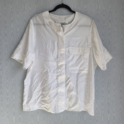 Vtg 90s Women's Blouse 16 Button Front Short Sleeve White Crinkle Satin Retro