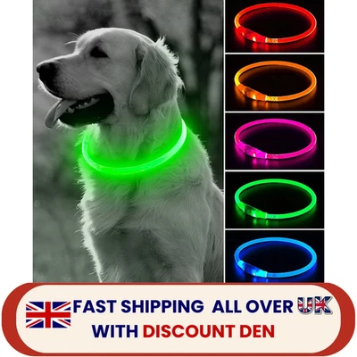 Flashing LED Light Up Dog Collar USB Rechargeable Pet Luminous Safety Nylon UK - Image 1 of 4