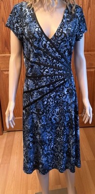 Connected Apparel Womens Sheath Dress Size 12 Blue Print Black Trim