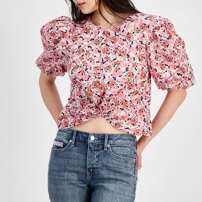Tommy Hilfiger Women's Size L Ditsy Floral Puff Sleeve Pink White Top NEW