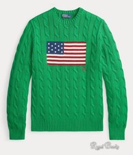 POLO RALPH LAUREN MEN MEDIUM CABLE KNIT FLAG SWEATER GREEN -NEW IN OPEN PLASTIC