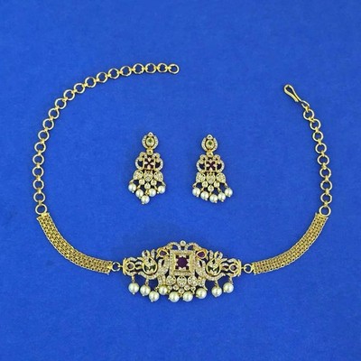Indische pakistanische 22 kt vergoldet CZ Chocker Halskette Ohrringe Set