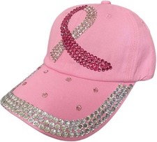 Breast Cancer Awareness Pink Ribbon Adjustable Baseball Cap Bling Studded