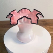 Fenton Black Rose Crest Ruffled 6.5” Vase White, Pink, Black