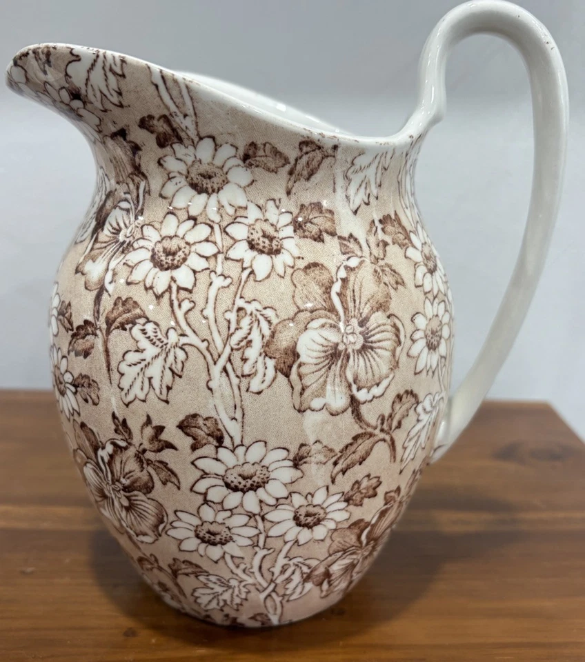 Rare Antique James Kent Ltd. Louis XIV Brown Floral Transferware Pitcher - image 3 of 4