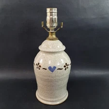 Stoneware Studio Art Pottery Table Lamp Blue Hearts Country Home Decor Hand Made