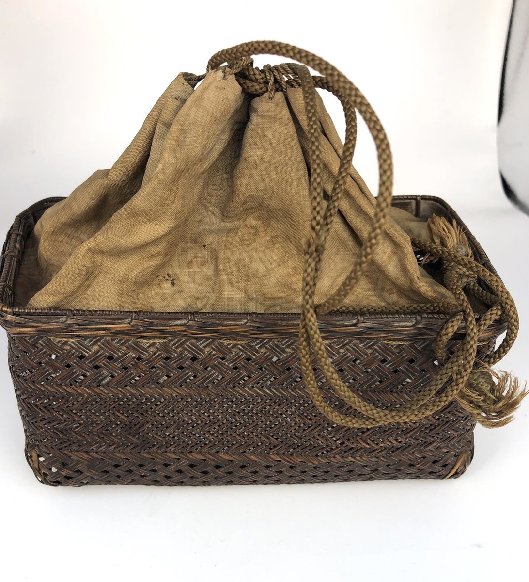 RARE Antique Japanese Rattan Woven Drawstring Basket Purse Handbag