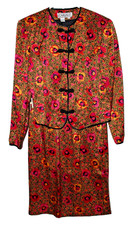 Vintage Carlisle 100 Silk Floral Black Gold Pink Skirt Blazer Suit Set Size 14