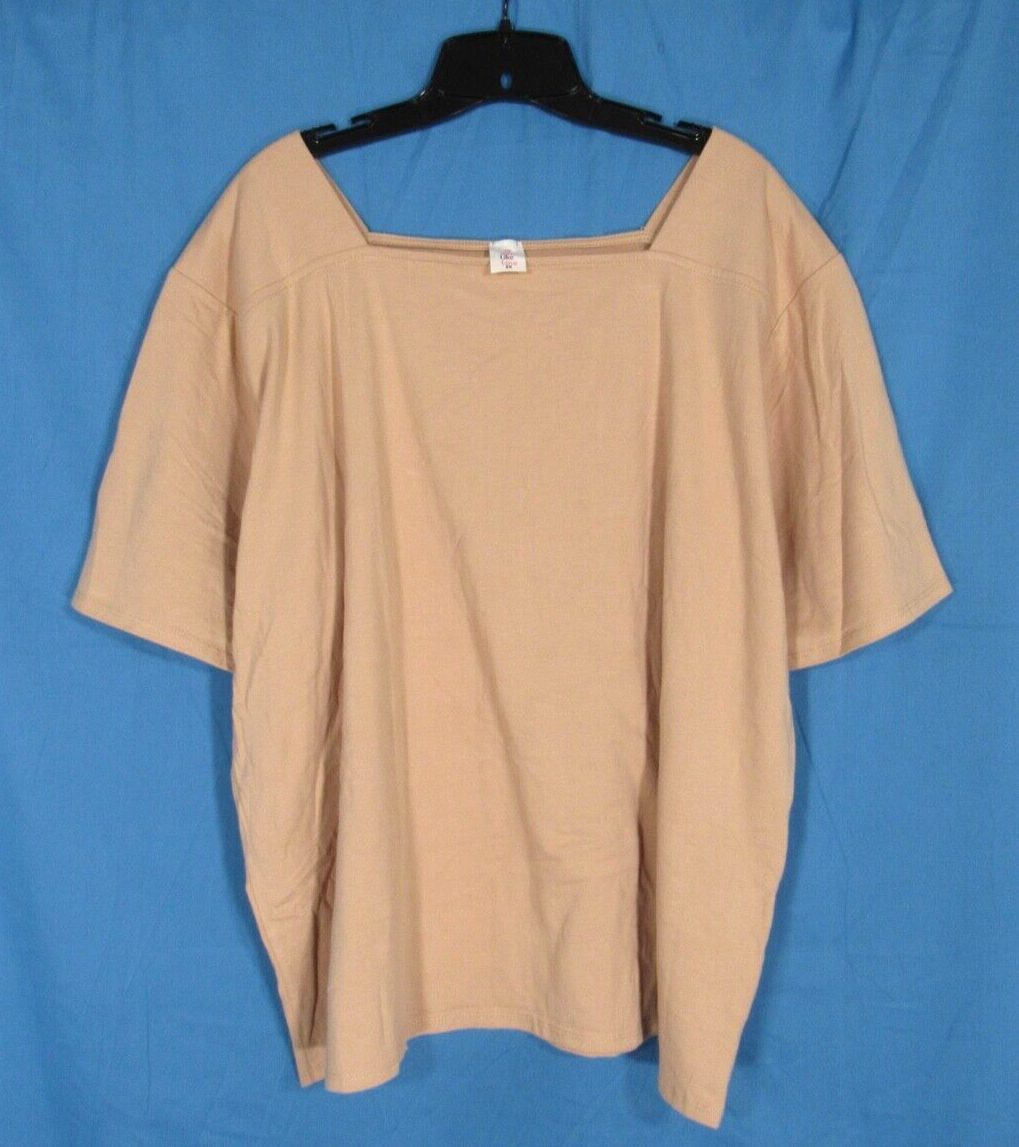 LIKE LOVE Beige STRETCH Jersey Knit SQUARE NECK Short Sleeve T-SHIRT TOP Sz 2X