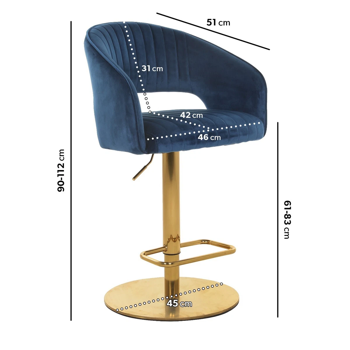 GRADE A1 Curved Navy Velvet Adjustable Bar Stool with Back