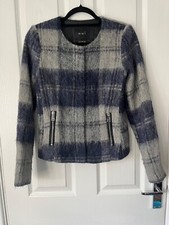 Oui Military Bomber Jacket Grey Blue Check Fits Approx. Uk 8 10 Winter Smart