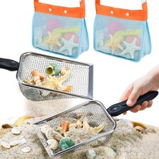 2 PCS Beach Mesh Shovel Sand Sifters with 2 PCS Mesh Beach Bag, Shark Tooth S...