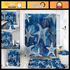 4Pcs Blue Ocean Shower Curtain Set with Bath Rugs - Coastal Bathroom Decor