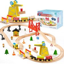 60PCS Wooden Train Set - Toy Magnetic Trains with Track 60PCS, White