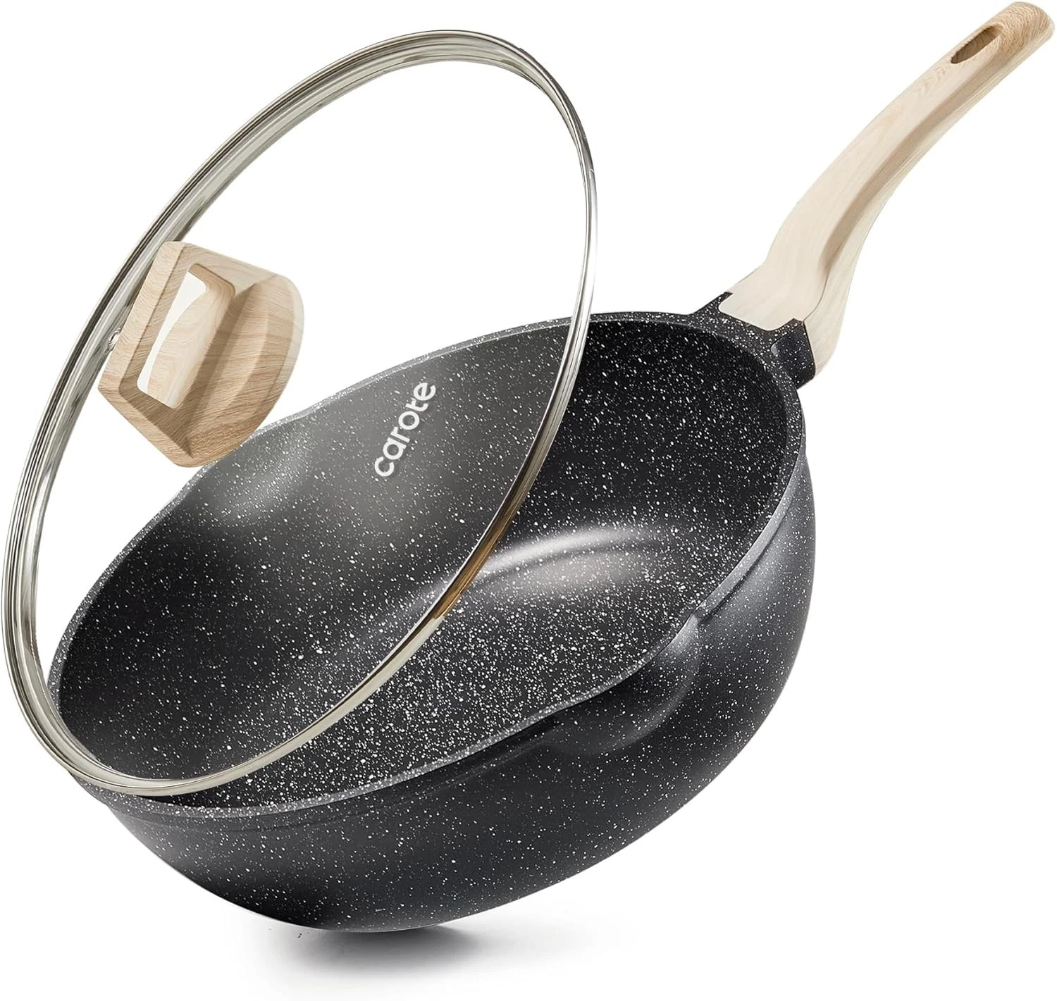 CAROTE 12 Inch Non-Stick Deep Frying Pan with Lid, 5.5 Qt Jumbo Cooker Saute Pan
