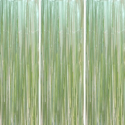 3 Pack 3.3 x 8.2 ft Sage Green Foil Fringe Backdrop Curtains, Tinsel Streamer...