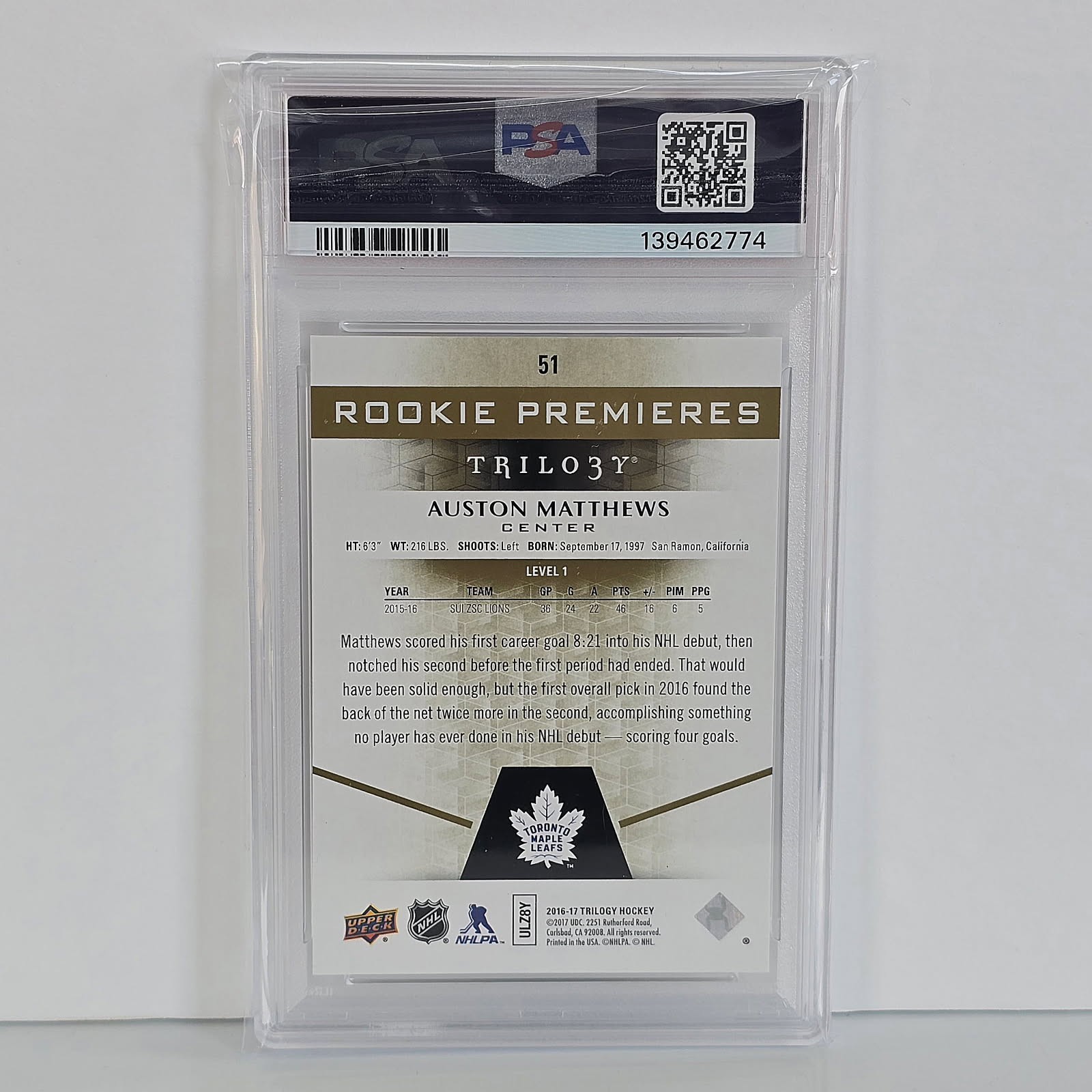 2016-17 UD Trilogy #51 Rookie Premieres AUSTON MATTHEWS /999 PSA 9 Team USA Gold view 2