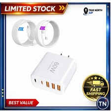 60W 5-Port USB C Wall Charger with 4FT  6FT Cables, Safe Fast Charging for All