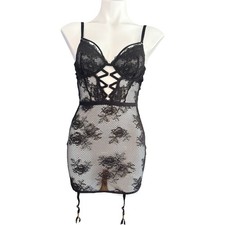 Victoria's Secret Black Lace Fishnet Corset Chemise Garter Lace Up Back Size M