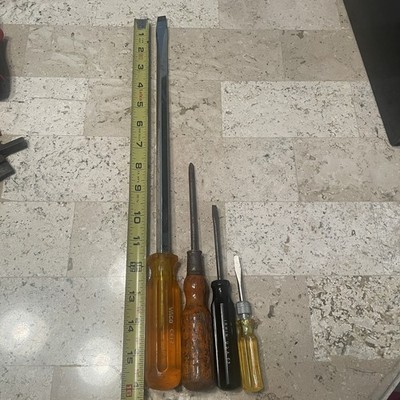 4 VTG Screwdrivers: Vaco C612 flat-head, wood handle, Irwin, multi bit 