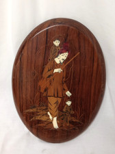 Vintage Oriental Oval Inlaid Wood Plaque Wall Art