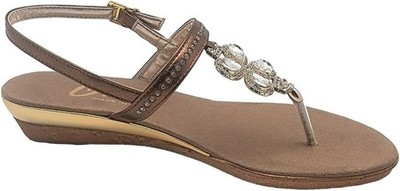 Women s Onex Leather Wedge Slide Sandals Bronze Swarovski Crystal Italy