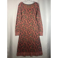 Peruvian Connection Women Dress S Orange Floral Pima Cotton Knit Midi Boho