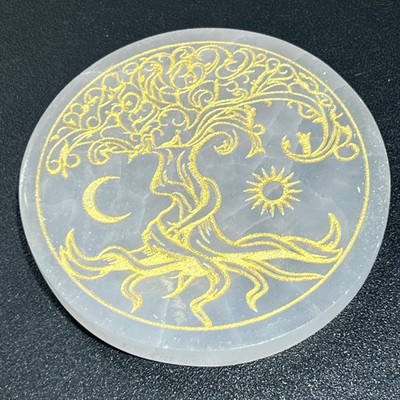 Selenite Satin Spar Crystal Gold Engraved Tree Of Life Round Circle Plate