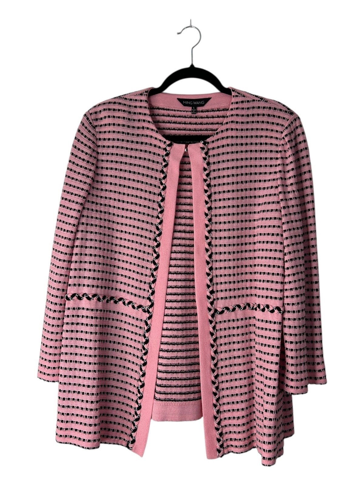 Ming Wang Sweater Sz L Pink Black Striped Open Front Chain Trim Cardigan Jacket