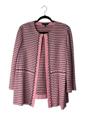 Ming Wang Sweater Sz L Pink Black Striped Open Front Chain Trim Cardigan Jacket