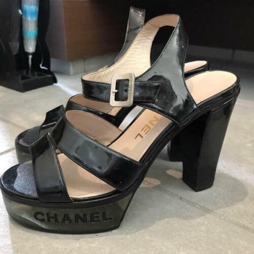 CHANEL Logo Platform Sandals Mules Women EU 35 Clear Storm From Japan Genuine