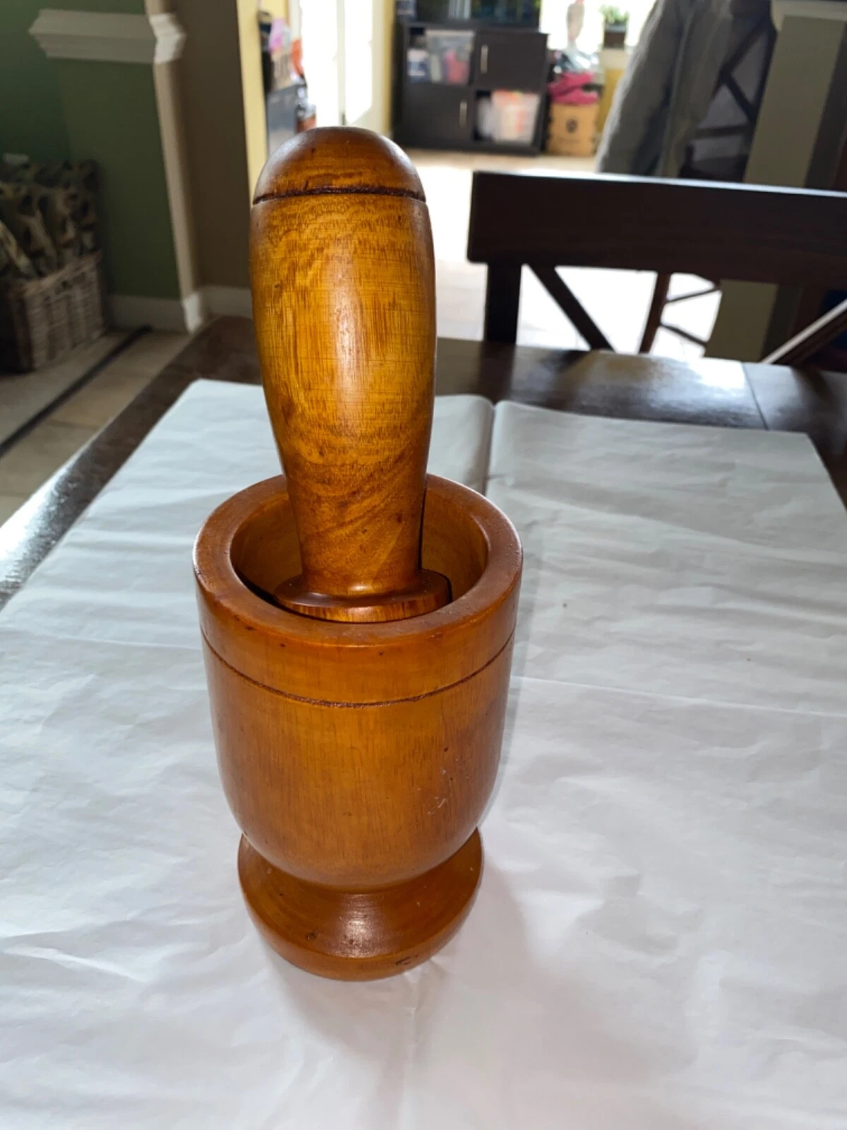 Large Vintage Wooden Mortar And Pestle Hand Turned Primitive Cottage Farmhouse
