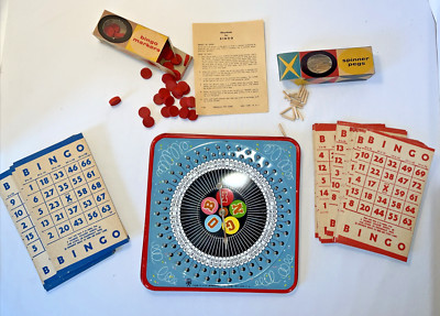 Vintage Bingo Game Spinner Metal Directions Pegs Tin 1166 Pressman Complete
