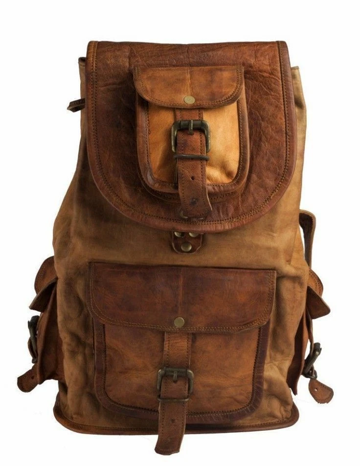 Brown leather top travel backpack