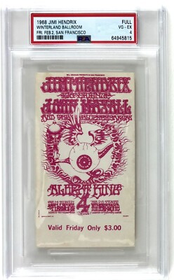 Original 1968 Jimi Hendrix Concert Ticket @ Winterland Ballroom