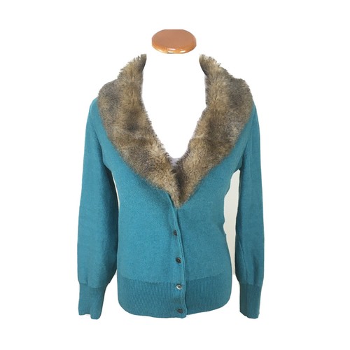 CAbi Tearoom Blue Cardigan Removable Fur Collar Sweater Women’s Sz Small #3018