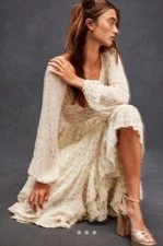 Free People Rococo Sand Long Sleeved Dress Ruffle Lace Trim Metallic Ivory S NWT